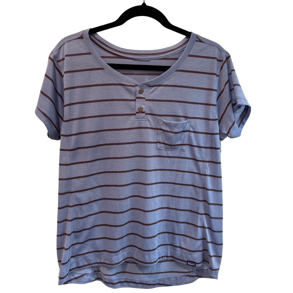 Patagonia Capilene Cool Trail Henley Shirt Blue Brown Striped Womens L Pocket